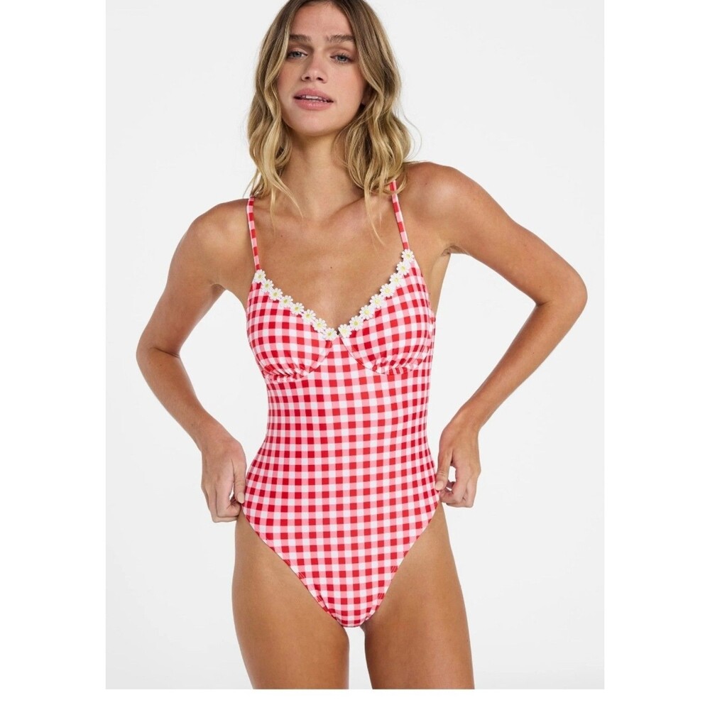 No Boundaries Red Gingham Plaid Underwire One Piece Daisy Swimsuit Women's XXS
